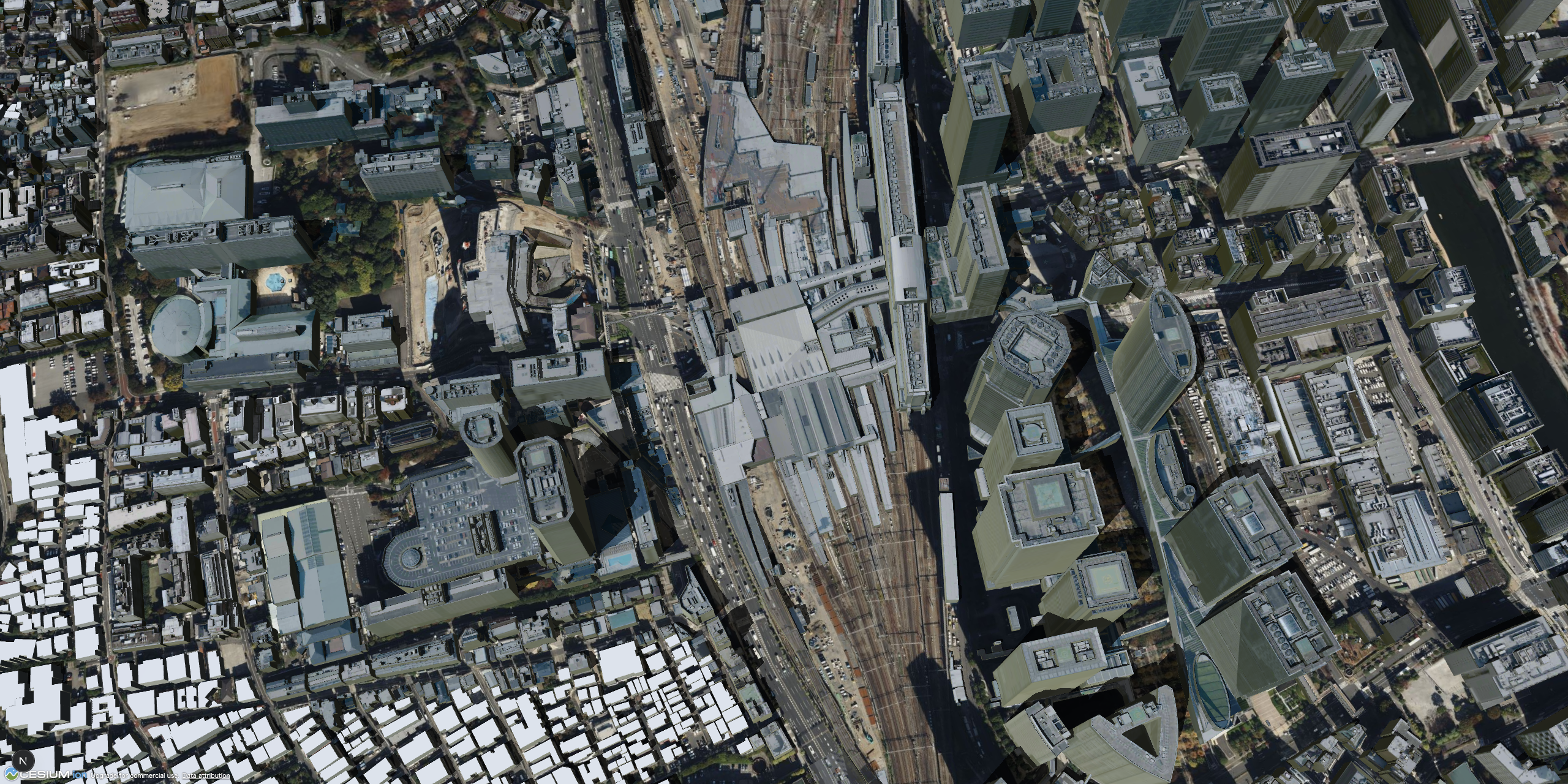 品川駅周辺の現況 — Cesium ion「Japan 3D Buildings」(PLATEAU 由来)の3D都市モデル(BASE / 2026)